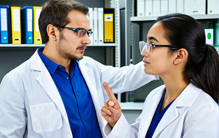 A professional male chemical engineer and a female researcher, both fully clothed in modest lab coats and safety glasses, are engaged in a calm, focused discussion in a brightly lit, modern chemical engineering laboratory. The male engineer gestures subtly, showing active listening and empathy, while the female researcher explains a point. The scene emphasizes problem-solving and understanding. The background shows lab equipment and clean workstations. safe for work, appropriate content, fully clothed, perfect anatomy, correct proportions, natural pose, well-formed hands, proper finger count, professional photography, high quality, professional dress.