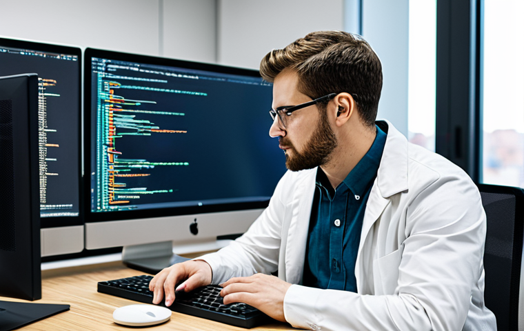 화학공학 이직 준비 방법 - A chemical engineer in appropriate attire, sitting at a desk reviewing data science code on a comput...