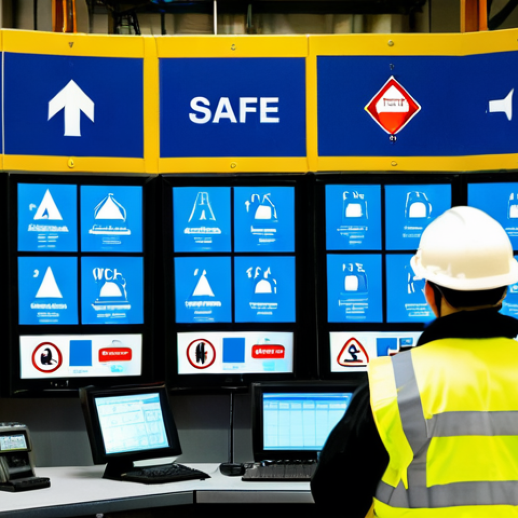 화학공학 직장 내 커뮤니케이션 - **Safety Communication Scenario:** Chemical plant control room, workers in helmets and vests, large ...