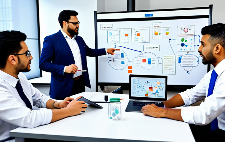 화학공학 직장 내 커뮤니케이션 - **Technical Report Visualization:** A chemical engineer presenting a technical report with charts an...
