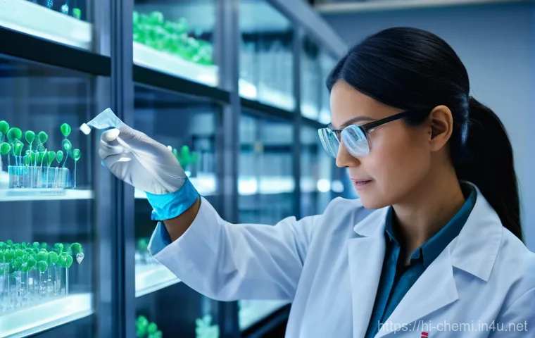 화학공학 유망 직종 - A close-up of a chemical engineer's gloved hands delicately manipulating a translucent, self-healing...
