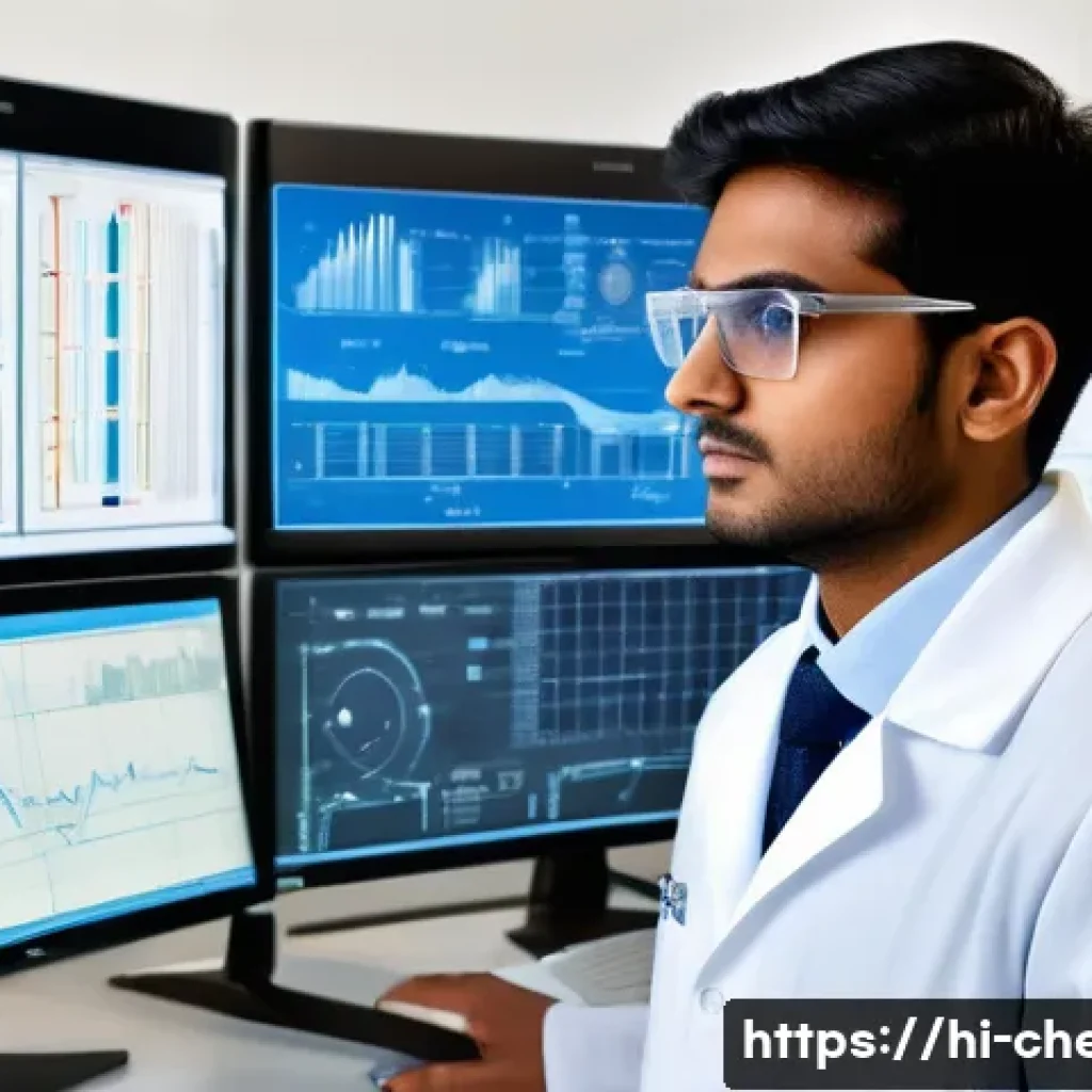 화학공학 진로 전망 - A modern chemical engineering laboratory scene featuring a young Indian male engineer wearing safety...