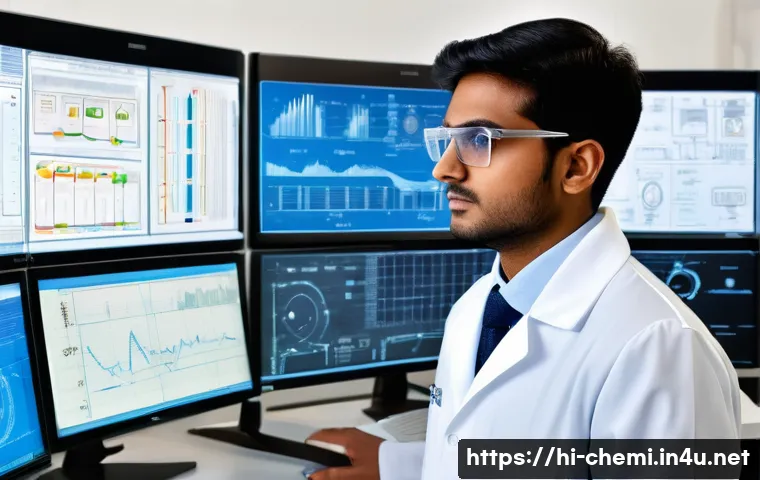 화학공학 진로 전망 - A modern chemical engineering laboratory scene featuring a young Indian male engineer wearing safety...