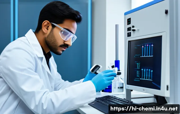 화학공학 박사 과정 - A modern chemical engineering laboratory scene showing a focused young Indian researcher in a white ...