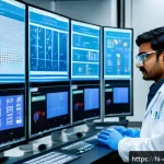 Home 20 화학공학 데이터 기반 의사결정 - A detailed and realistic laboratory scene showcasing a Hindi-speaking chemical engineer analyzing co...
