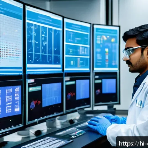 Home 32 화학공학 데이터 기반 의사결정 - A detailed and realistic laboratory scene showcasing a Hindi-speaking chemical engineer analyzing co...