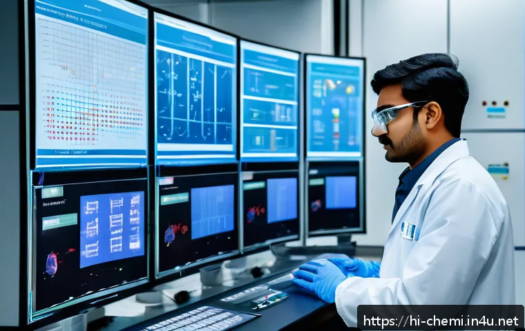 화학공학 데이터 기반 의사결정 - A detailed and realistic laboratory scene showcasing a Hindi-speaking chemical engineer analyzing co...