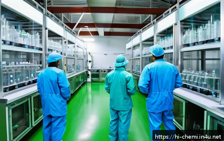 화학공학 지속 가능한 발전 - A high-tech pharmaceutical chemical plant interior showcasing green chemistry principles in action, ...